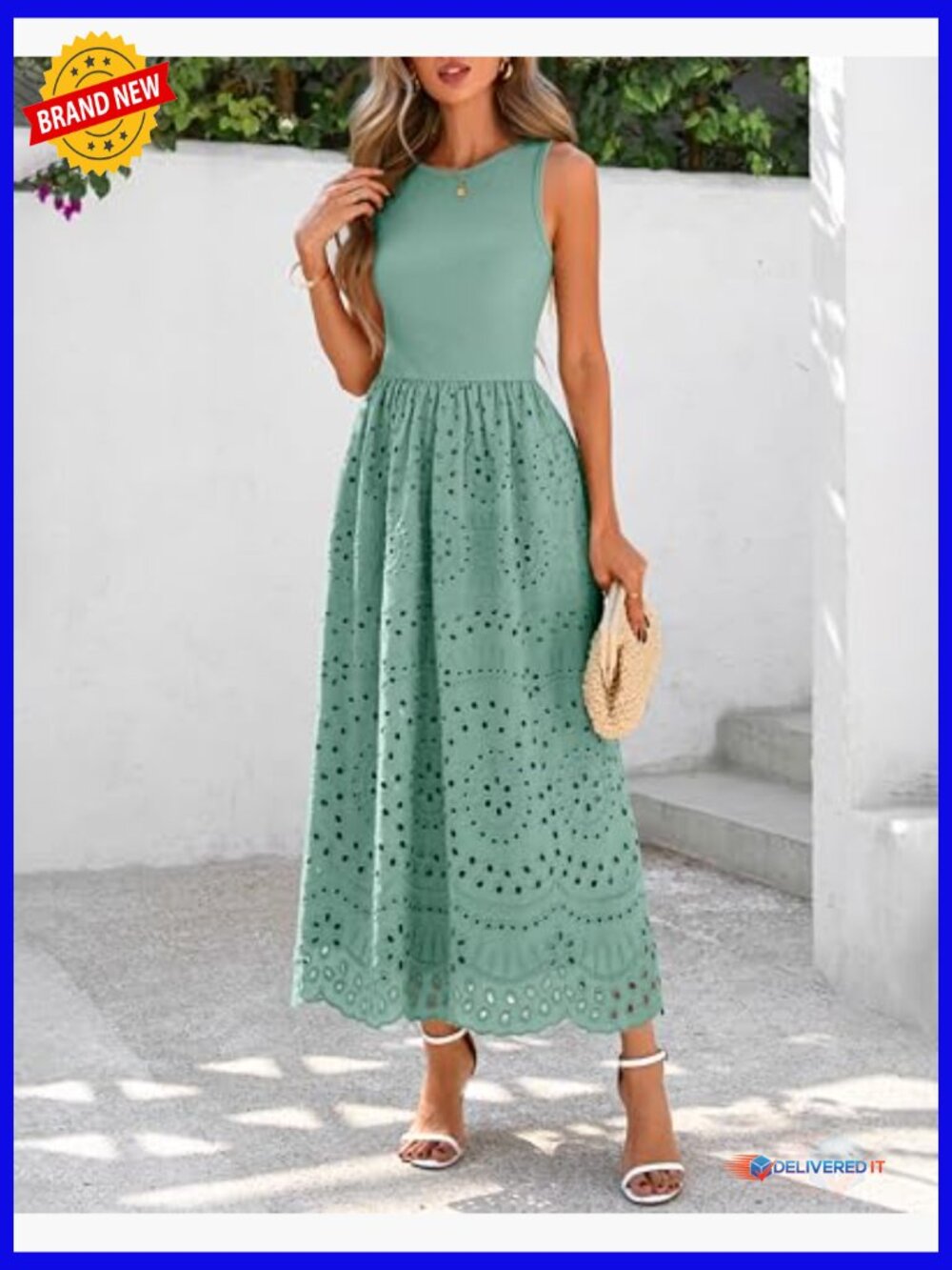 Sleeveless Crewneck A-Line Boho Lace Eyelet Cotton Tank Maxi Dress with Pockets - Picture 6 of 7